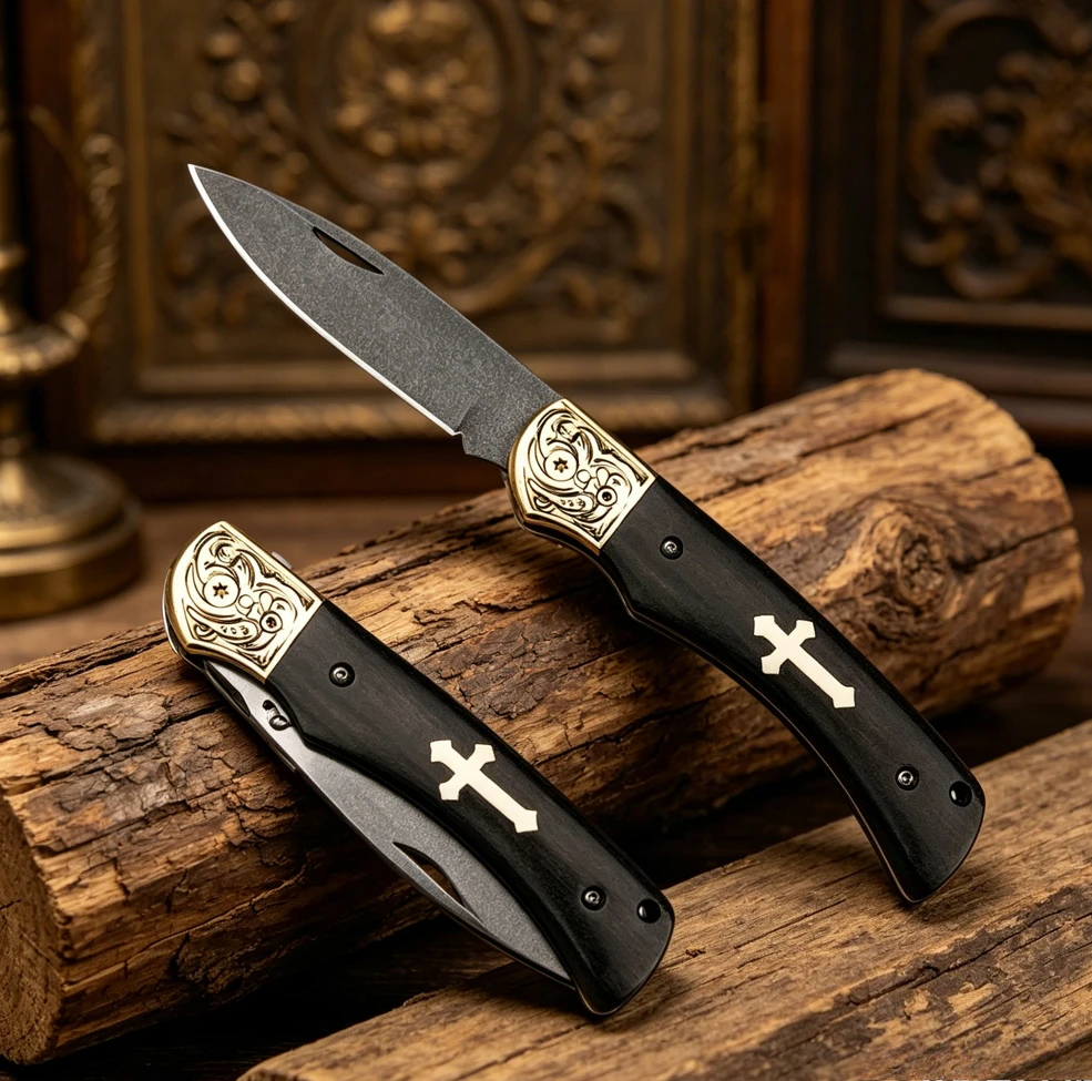 Compact EDC Folding Knife with Ebony Handle, Multipurpose Outdoor Cutting Tool, Sharp Blade Lightweight Hiking Camping Tool