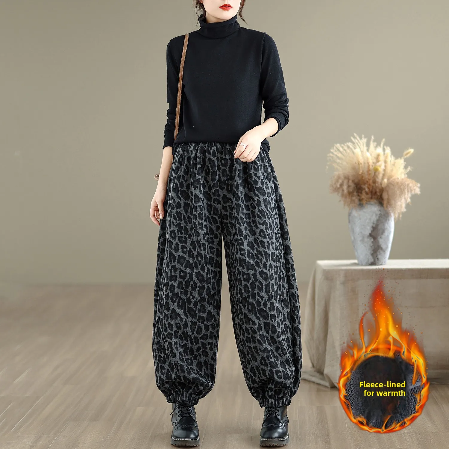 حجم كبير 300 Pou Sister النسخة الكورية ليوبارد طباعة فانوس السراويل النسائية الخريف الشتاء ثي الدافئة عالية الخصر واسعة الساق H...