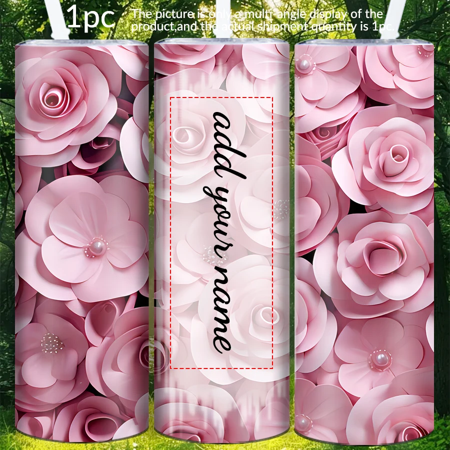 

1 шт., индивидуальное имя, 20 унций, бутылка для воды из нержавеющей стали, двухстенная вакуумная изоляционная праздничная кружка для напитков с соломинкой и цветочным узором