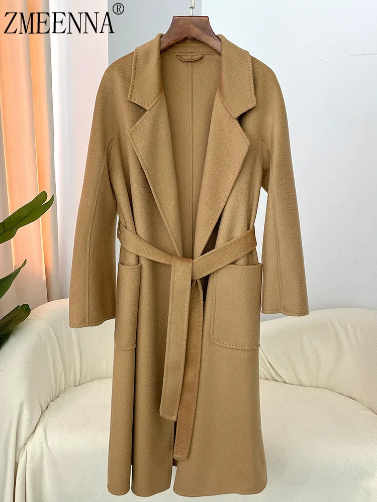 

ZMEENNA Elegant Women's Pink Wool Blend Coat Long Tie Waist Winter Jacket Stylish Warm Outerwear Chic Casual Attire ZM3392