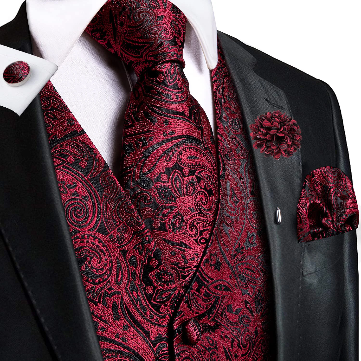 Hi-Tie Silk Mens Vests Jacquard Waistcoat Neck Tie Hanky Cufflinks Brooch Set for Men Suit Sleeveless Jacket Wedding Business