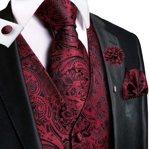Imagen 2 del producto Chalecos de seda Hi-Tie para hombre, chaleco Jacquard, corbata, pañuelo, gemelos, broche, conjunto para hombre, traje, chaqueta sin mangas, boda, negocios