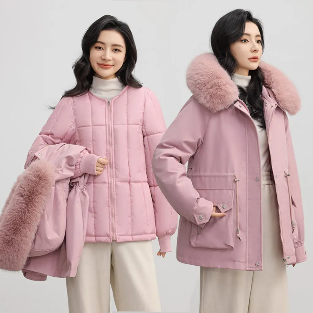 

Women's Parka Coat Trendy Winter Outerwear with Waist-Cinching Design And Detachable Thickened Fur Collar Cotton Jacket