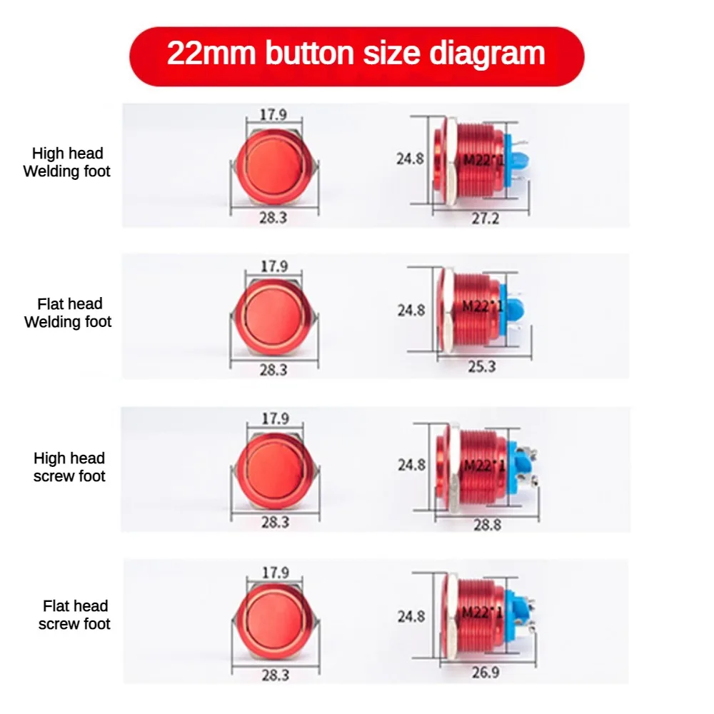 16/19/22mm Metal Button Switch Waterproof Self Reset Screw Welding Pin Red Yellow Green Blue Black Flat High Head Power Switch