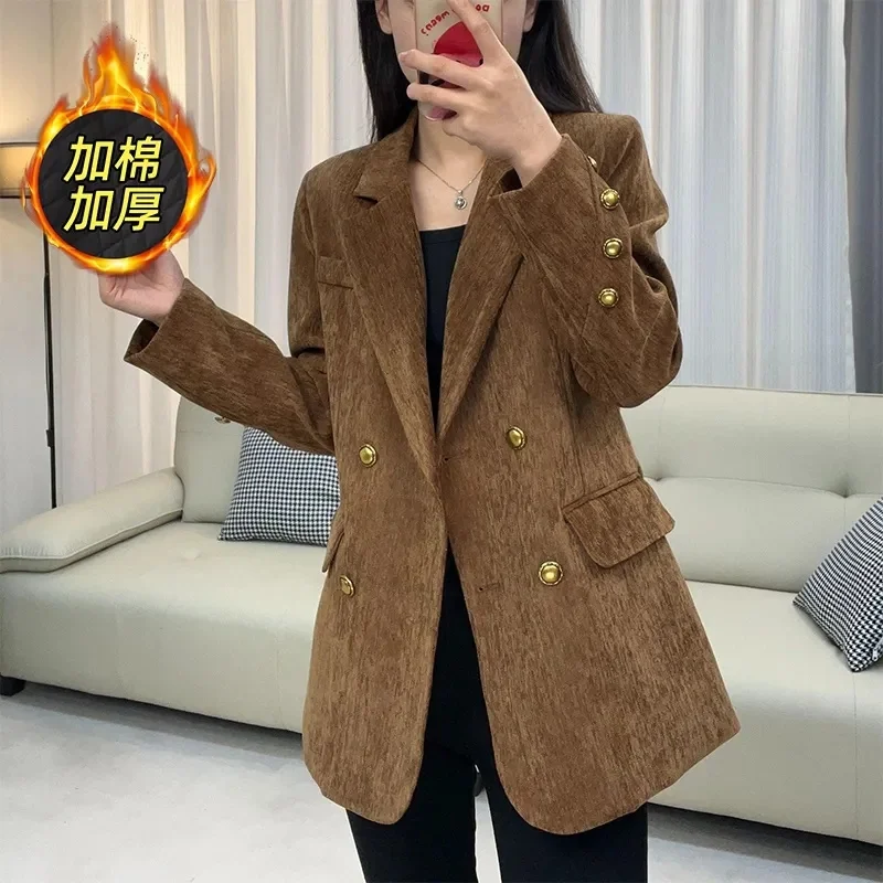 

Женский модный двубортный утепленный блейзер-пальто, элегантный жакет из шенилла для женщин, осенне-зимняя повседневная верхняя одежда