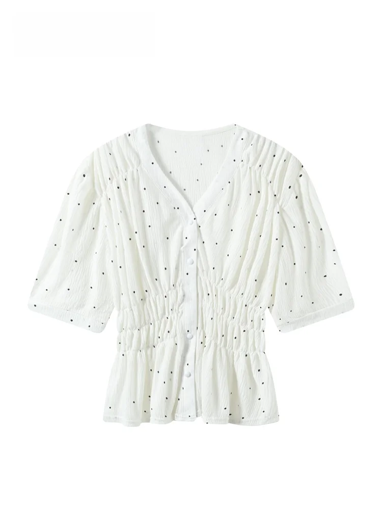 

Летний плюс размер в горошек ort Sve irt Женский свободный топ с мясным покрытием для похудения Модная повседневная внутренняя одежда V-Ne Polyes...