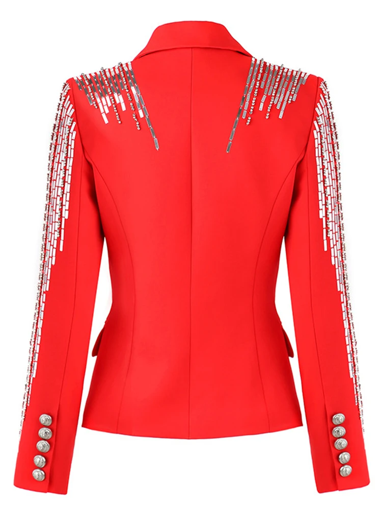 DEAT 2024 Autumn Women\'s Blazer New Notched Slim Sequins Rivet Double Breasted Long Sleeve Red Suit jackets Female Tide 7YZ8501