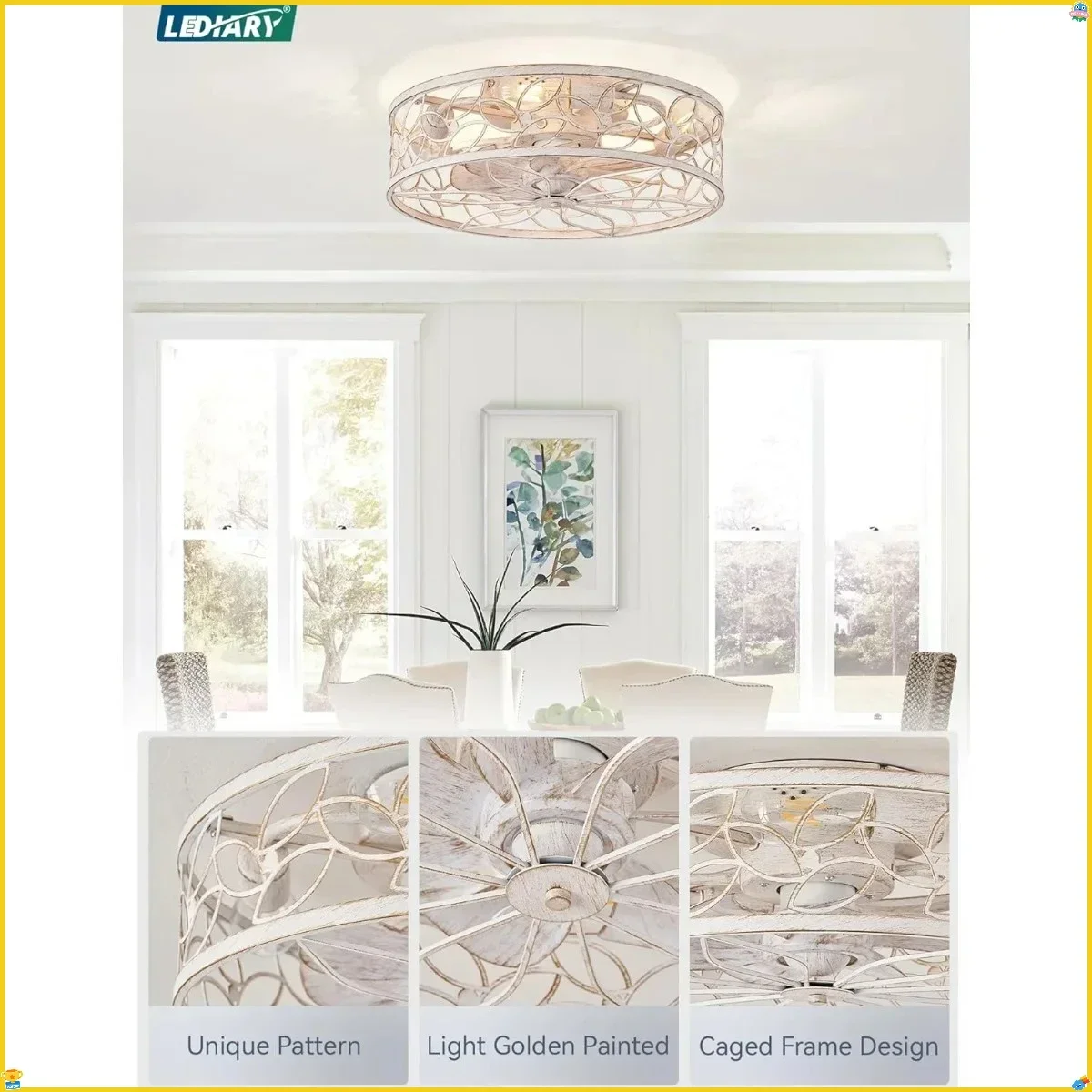 조명이 있는 케이지형 날개 없는 천장 선풍기, 플러시 마운트 저프로파일 리모컨 소형 화이트 팬 침실 주방 실내용