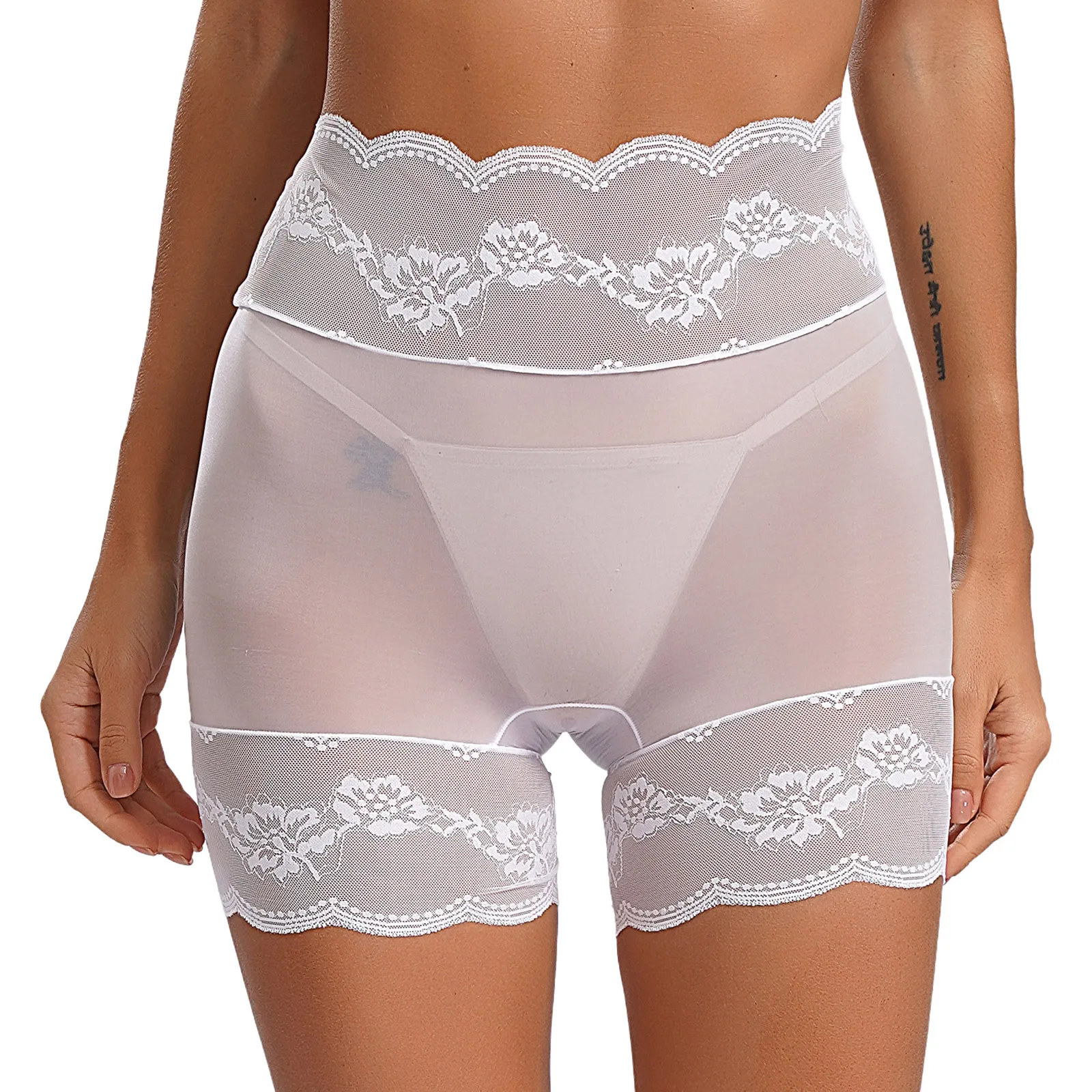 Short de sécurité taille haute en dentelle transparente pour femme, sous-vêtement moulant, lingerie amusante, vêtements de nuit flirty, sexy