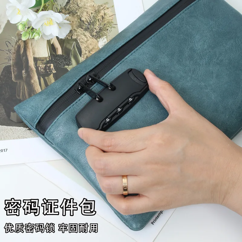 PU leather password anti-theft lock wrist bag, boarding passport bag, card document storage, waterproof hand-held briefcase