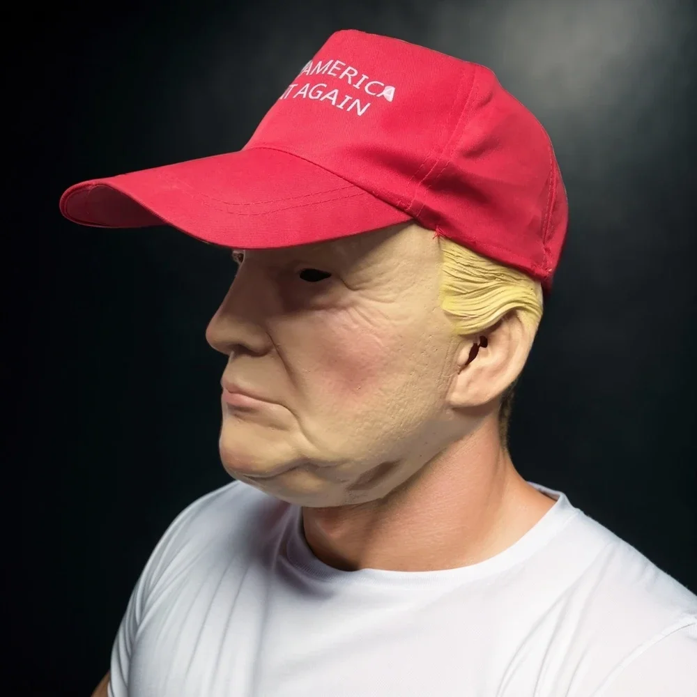 Trump Maska Z Kapeluszem Celebrity Parodia Maska Haftowany MAGA Wsparcie Kapelusz Rave Party Cosplay Realistyczna Maska Donald Trump Prank Rekwizyty