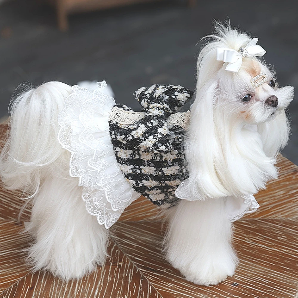 

Dog Clothes,Luxury Winter Plush Dog Dress Tweed Coat with Bowknot for Small Breeds Maltese Bichon Teddy Warm Fleece Lined