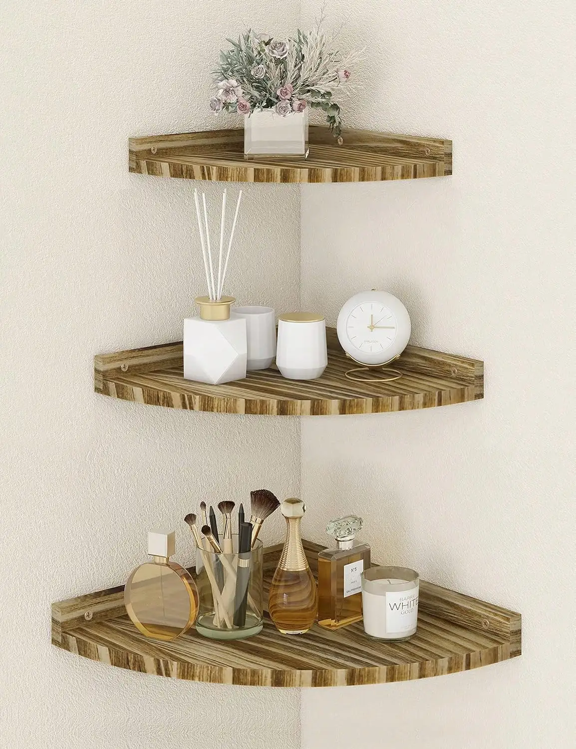 3 Pcs Corner Shelves Wall Mounted, Rustic Storage Display Floating Shelf Wooden Corner Wall Shelf For Kitchen Bathroom