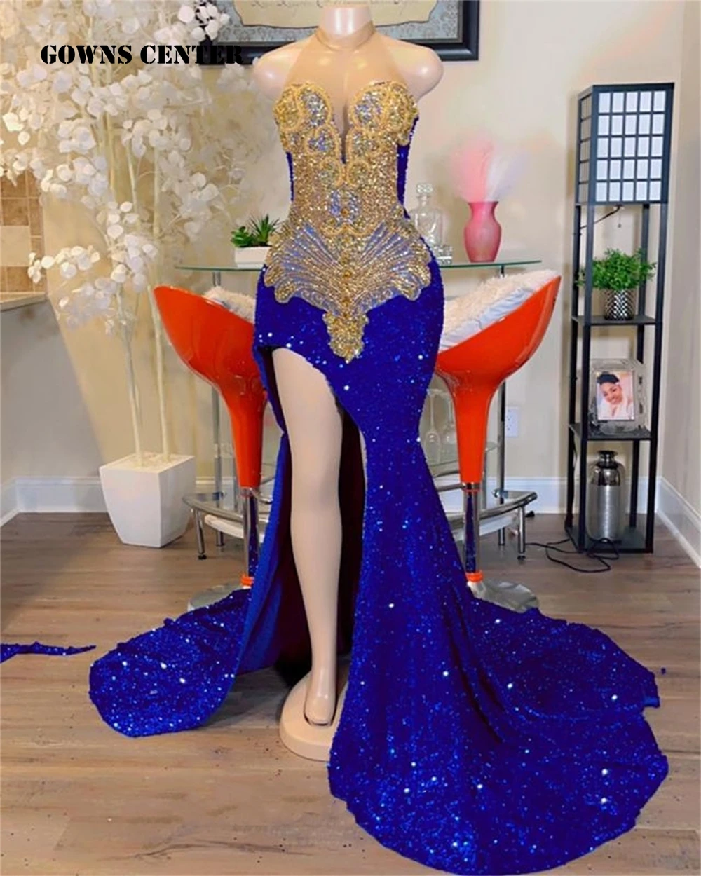Abito da ballo a sirena con strass blu Halter King Abito da sera da sposa africano per ragazza nera Abito da festa in rete trasparente personalizzato