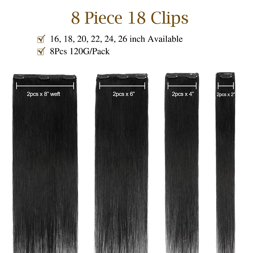 Clipe sem costura em extensões de cabelo, virgem brasileira reta, 100% cabelo humano real, cor preta natural, 16-26 em, 8PCs