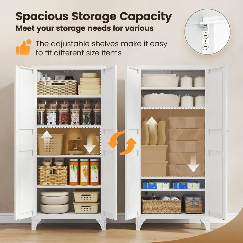 Metal Storage Cabinet with 2 Doors and 4 Adjustable Shelves - 61 White Kitchen Pantry Storage 5-Tier Tall Steel Cabinet for Kitc view 4