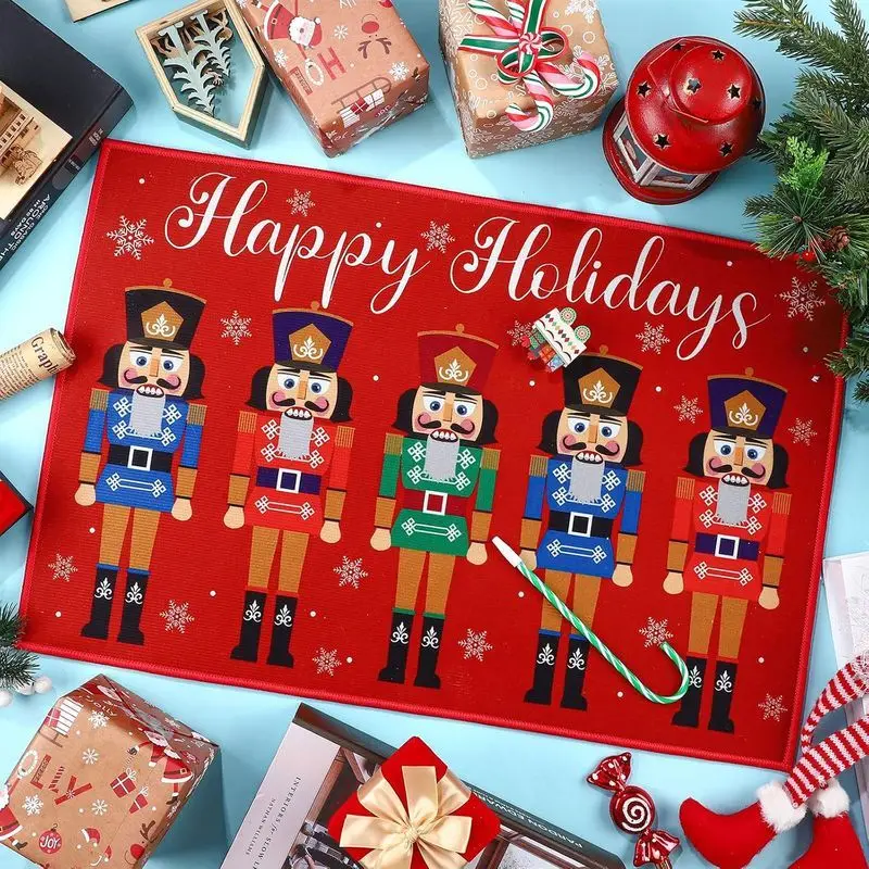 VIKAMA Happy Holidays Nutcracker Door Mat Red Christmas Soldier Welcome Rug Xmas Entryway Floor Mat Non Slip Soft Holiday Decor