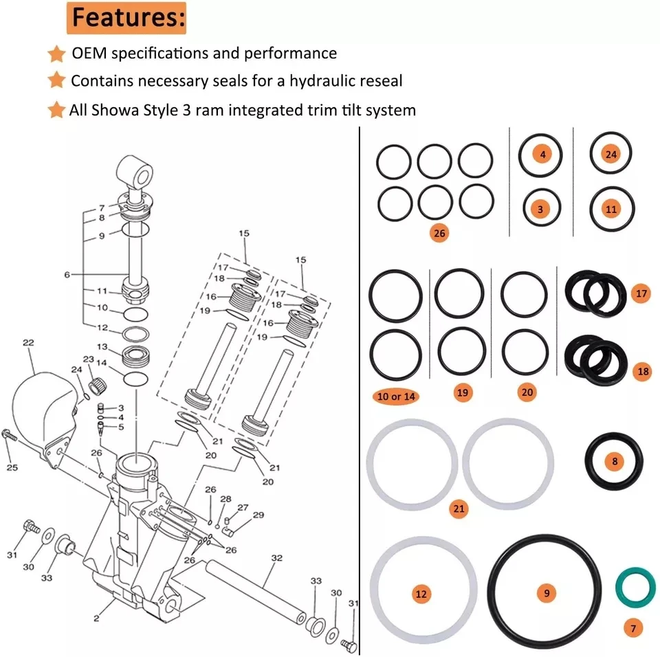 Tml Außenborder-/Kipp stifts chl üssel mt0006 & Power Trim Tilt Seals Kit 115225fs passt für Yamaha Honda Evinrude Suzuki Johnson