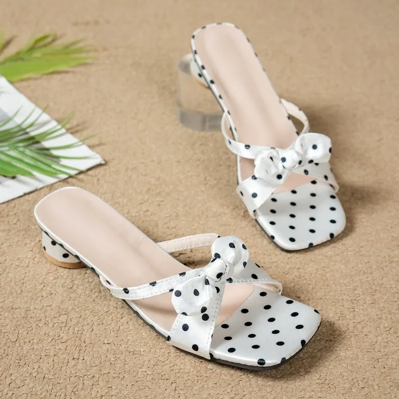 Sandales élégantes pour femmes à pois en satin, mules à nœud et talon bas de 2 cm, chaussures à bout carré confortables pour le bureau, Sapatos Femininos