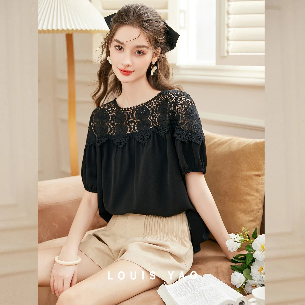 

LOUIS YAO Hollow Splicing Shirt 2025 Summer Gentle Temperament Pullover Solid Color Commuting Short Sleeved Shirt