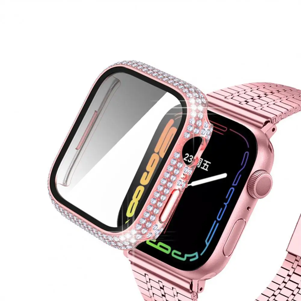 41/45mm Watch Protective Case for iWatch 7 4/5/6 Rhinestone Plating Smart Watch Tempered Film Screen Protector Shell