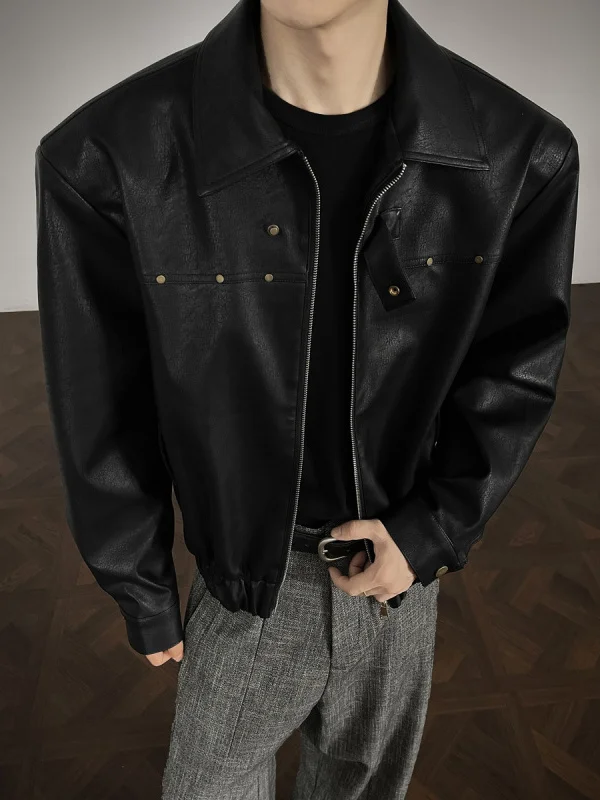

American Retro Deconstructed Design oulder Pad ort PU Jaet Men's Korean Sle Metal Cool Loose Leather Jaet