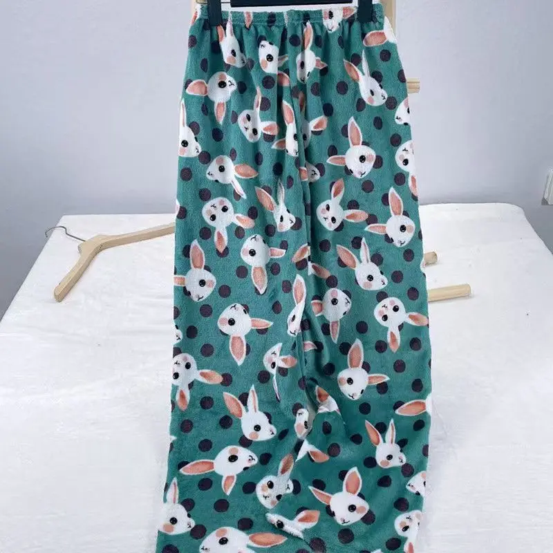 Winter Women\'s Plush Pajama Pants Warm Home Pants Loose Comfortable Elastic Waist Cute Cartoon Green Rabbit 2024