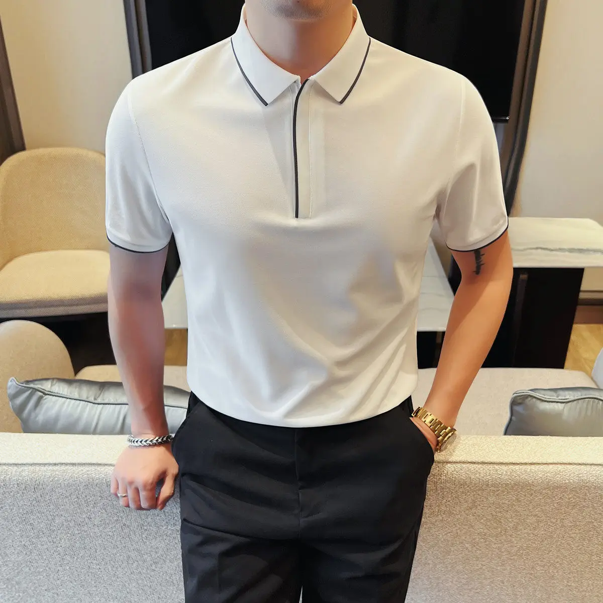 

Классическая универсальная мужская футболка-поло для бизнеса и повседневной носки, с коротким рукавом, на молнии до середины, из охлаждающего шелка, для официальных мероприятий и деловых встреч, 2026