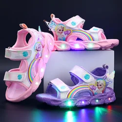 Disney Frozen Elsa Princess Girls Sandals Summer Children's Sports Beach LED Light Shoes Girls' Soft Non-slip Shining Shoes