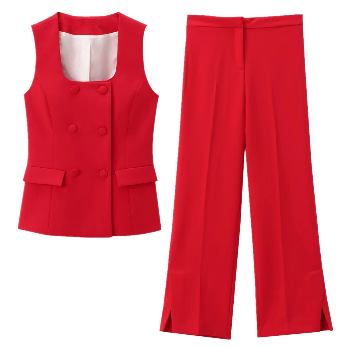 

Dave&Di Minimalism Suits Women Fashion Red Color Sleeveless Blazers Vest Women High Waist Suit Pants Two Pieces Sets