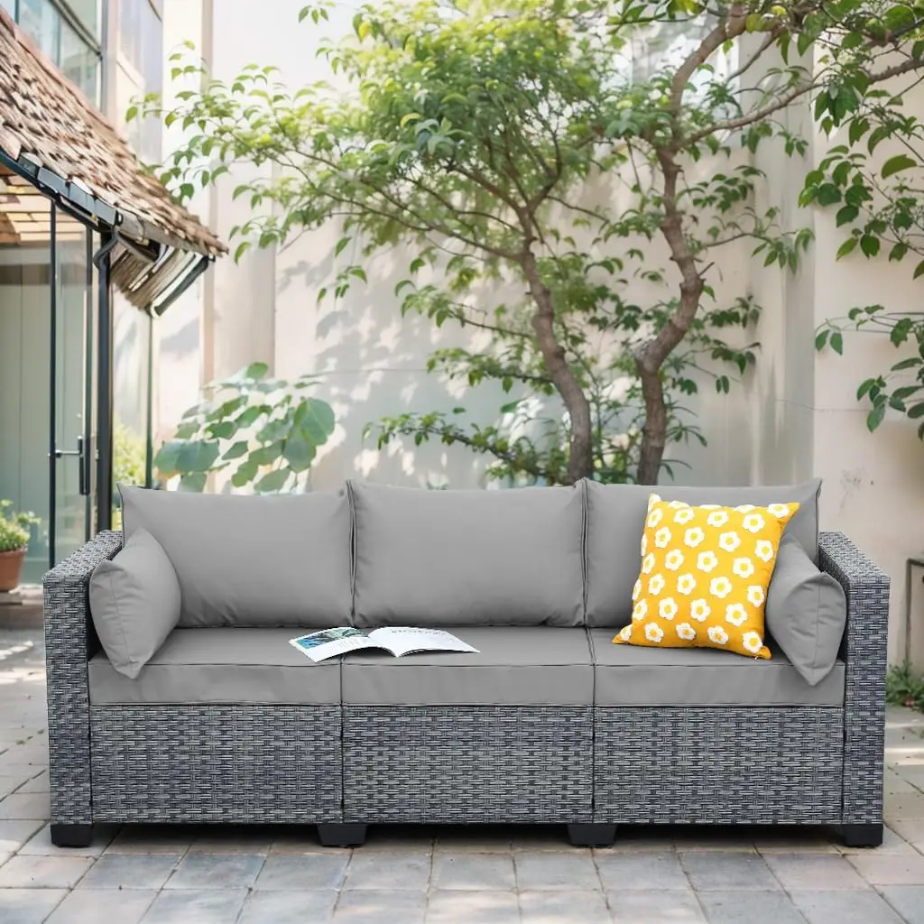 

Wicker Rattan Patio Couch, Outdoor 3-seat Sofa, All Weather PE Rattan, Deep Seating Deck Furniture Set with Grey Cushions