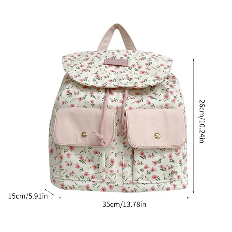 Sweet Floral Nylon Backpack for Women Girls Casual School Bag with Double Pockets and Top Flap Small Shoulder Daypack