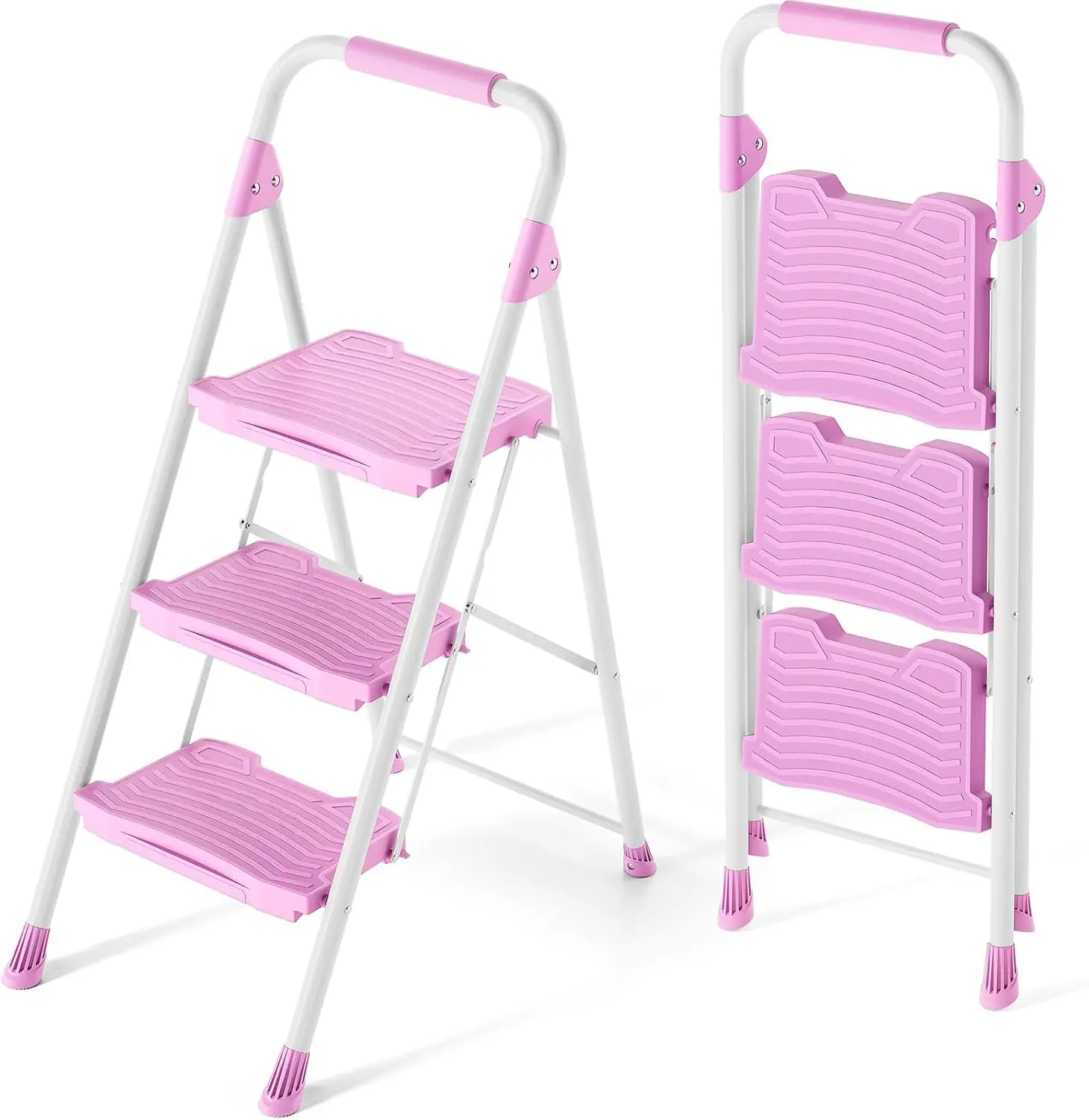 3-Step Ladder with Handrail, Anti-Slip Wide Pedals, Foldable Step Stool for Home Garage Garden, Pink