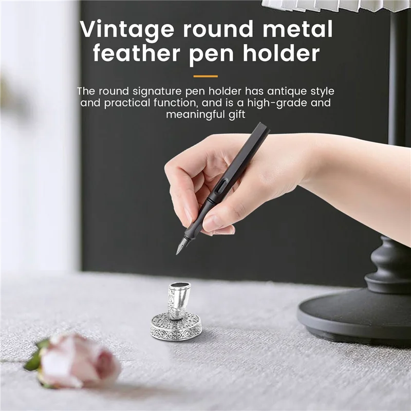 

Sensitive 2 Pieces Vintage Round Metal Feather Pen Holder Insertion Pen Holder Feather Quill Pen Stand Desktop Dip Pens Base