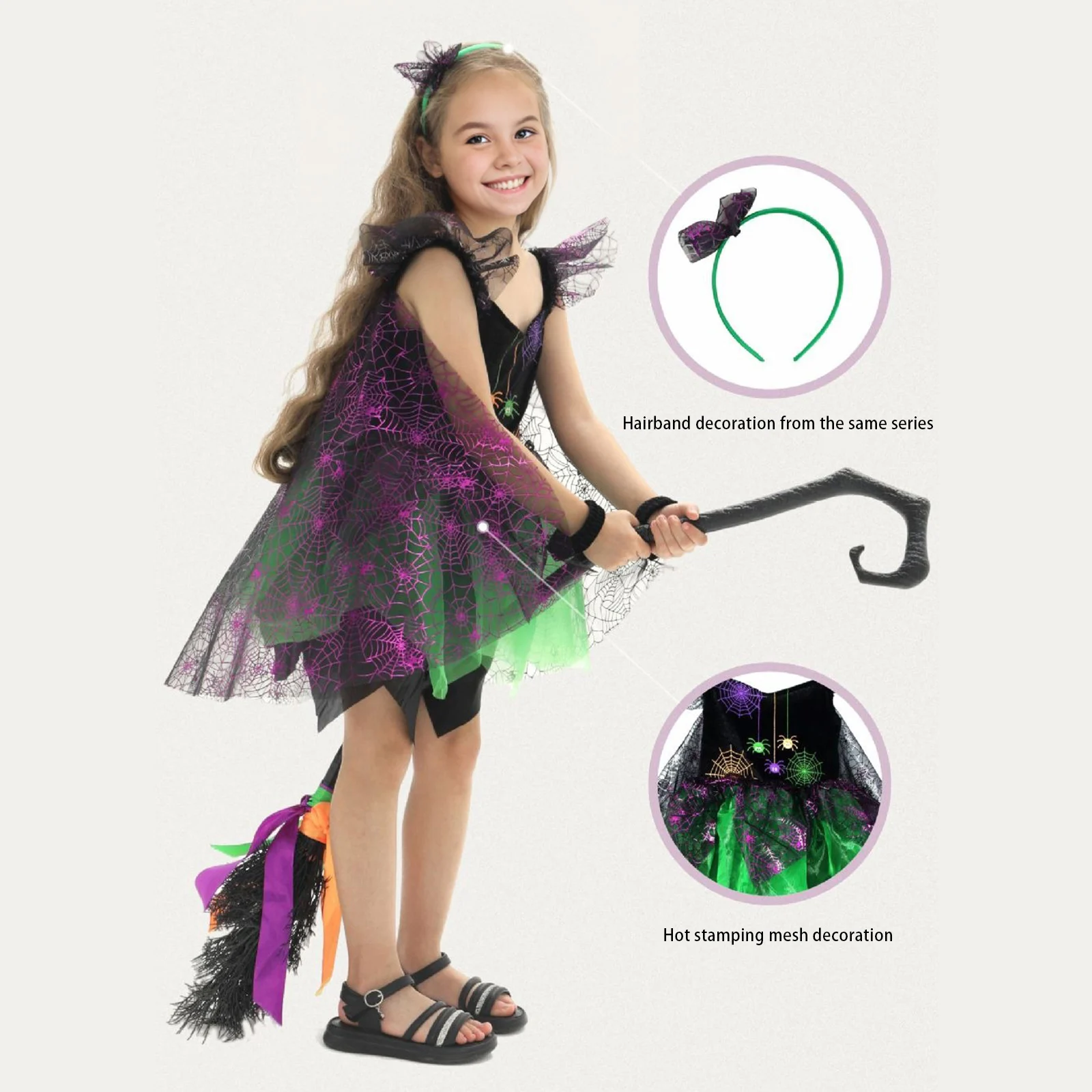 فستان فتاة الهالوين الساحرة بأكمام طائرة وطباعة شبكة العنكبوت من التول مع عصابة رأس ملابس تنكرية