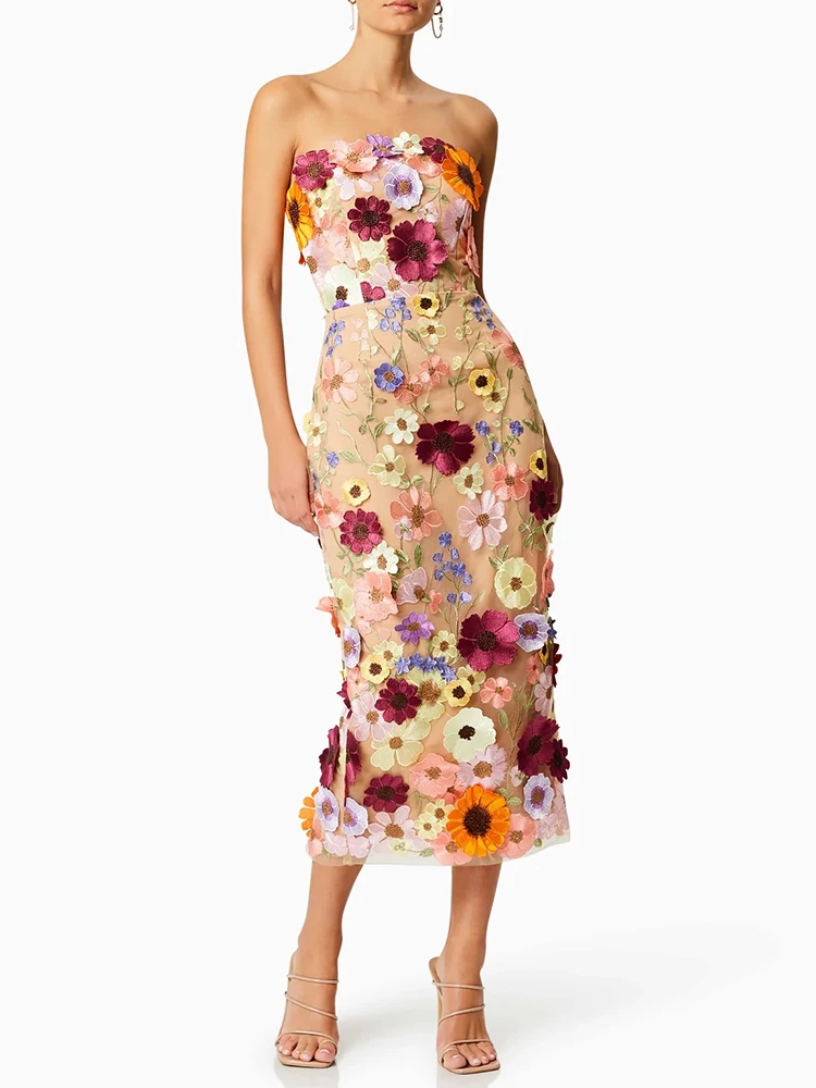 VGH Patchwork Appliques Colorblock Elegant Dresses For Women Strapless Sleeveless High Waist Backless Temperament Dress Female