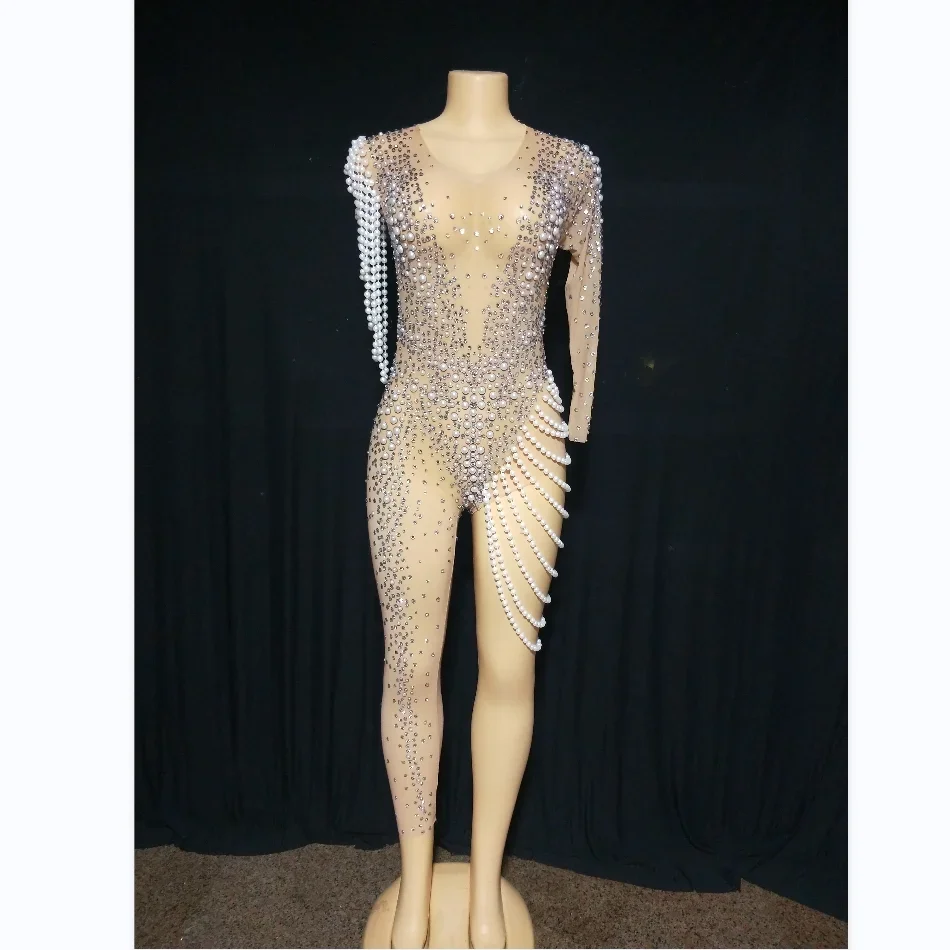 

2025 Stunning Gogo Dancer Outfit Costume Women Rhinestone Tassel Jumpsuit Sparkly See Through Birthday Celebrate Leotard