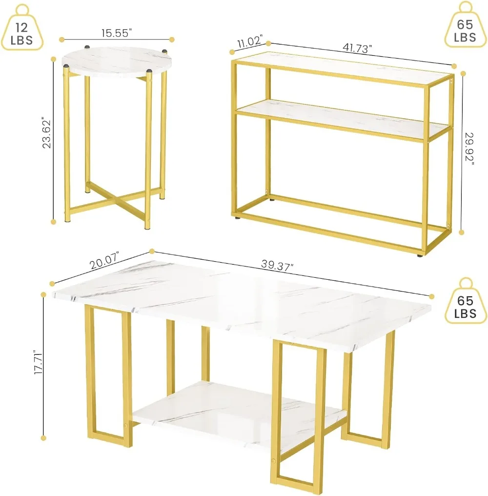 Mid-Century Coffee Table Set of 3, Faux Marble Coffee Table and Round End Table Sets with Storage Shelves & Metal Frame, Living
