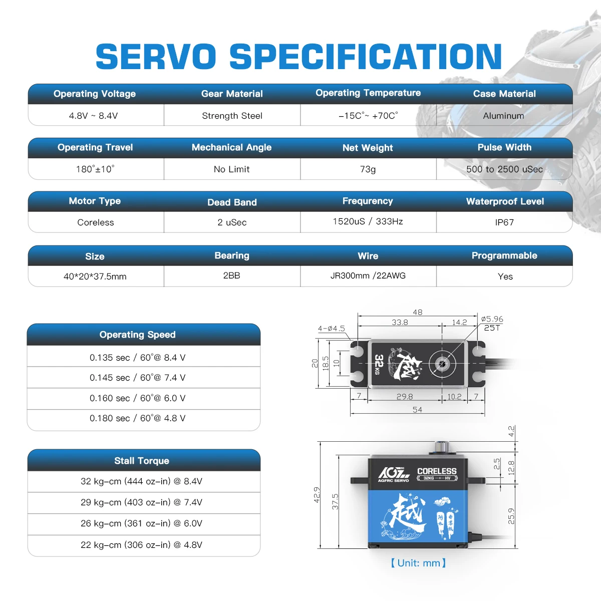 Special Offer AGFRC A73CHLW 32KG Digital Coreless High Torque 1/10 HV Programmable Waterproof Servo For 1/10 RC Car Crawler Boat