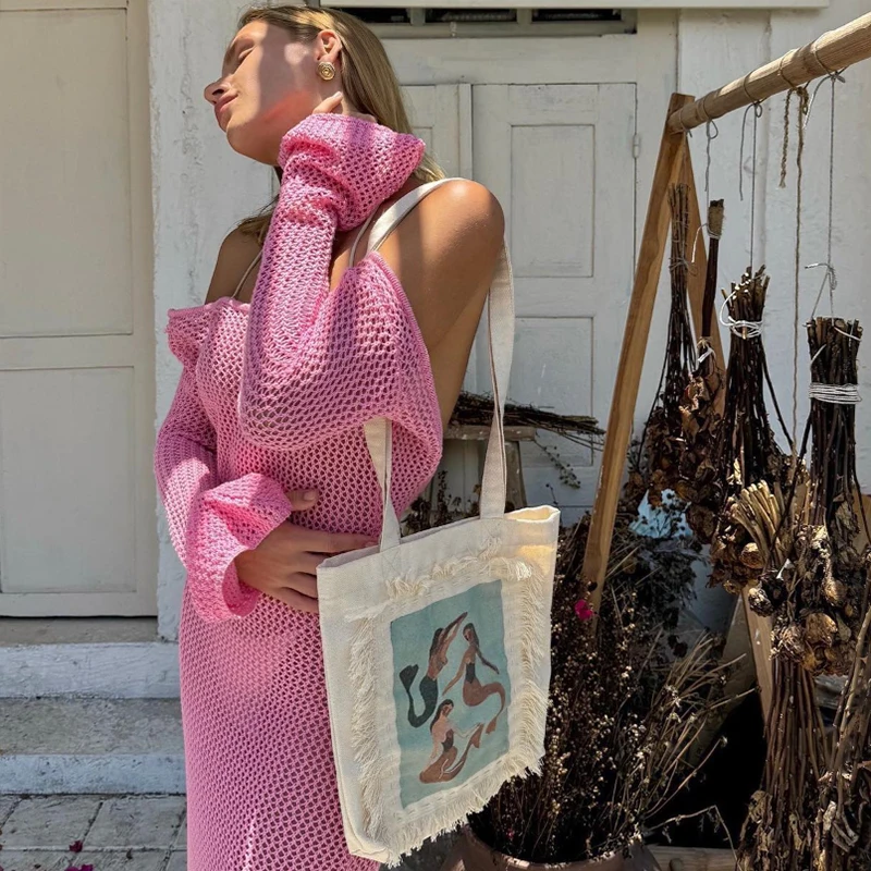 فستان طويل محبوك بفتحة جانبية بدون ظهر، أزياء عطلة الشاطئ وأكمام طويلة للحماية من الشمس، نمط عادي مناسب لجميع المواسم