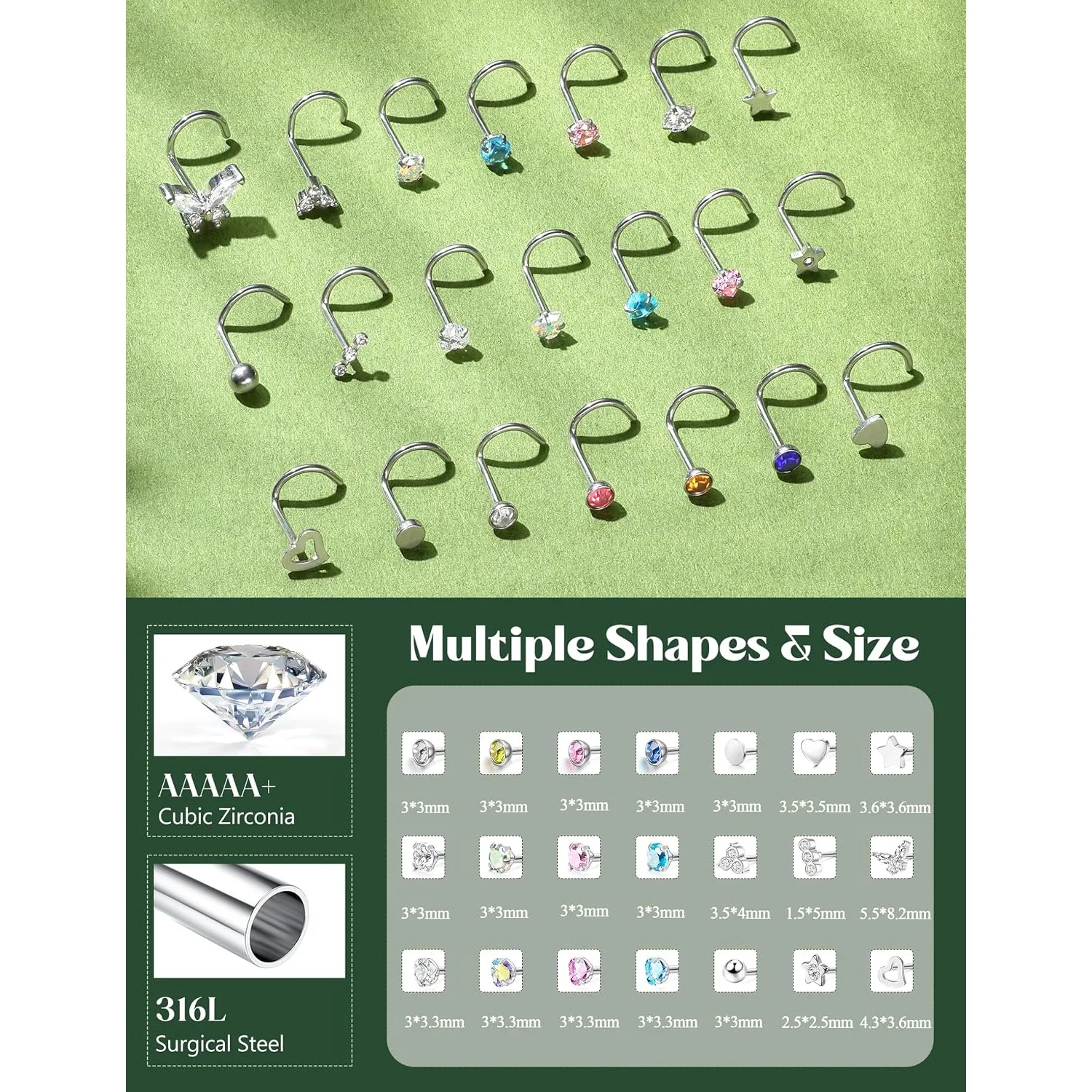 Drperfect 20G Nose Stud 316L Surgical Steel for Women Men Hypoallergenic Colorful CZ Nose Studs Screw Nose Piercing Jewelry