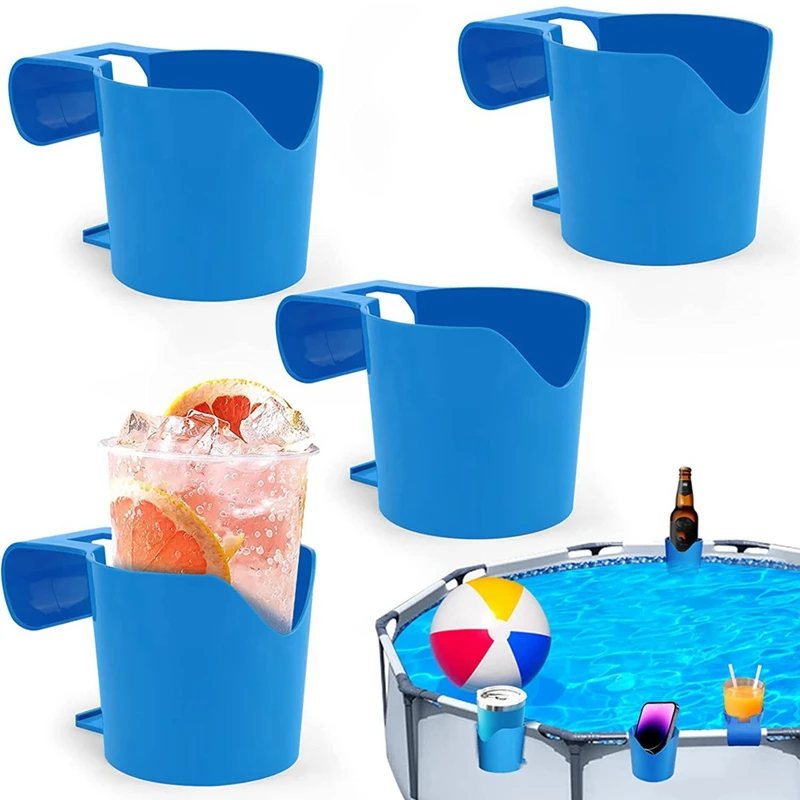 

4 Pack Poolside Cup Holder For Above Ground Swimming Pool, Blue Plastic For Drinks Fit 2 Inch Or Less Poolside Top Bar