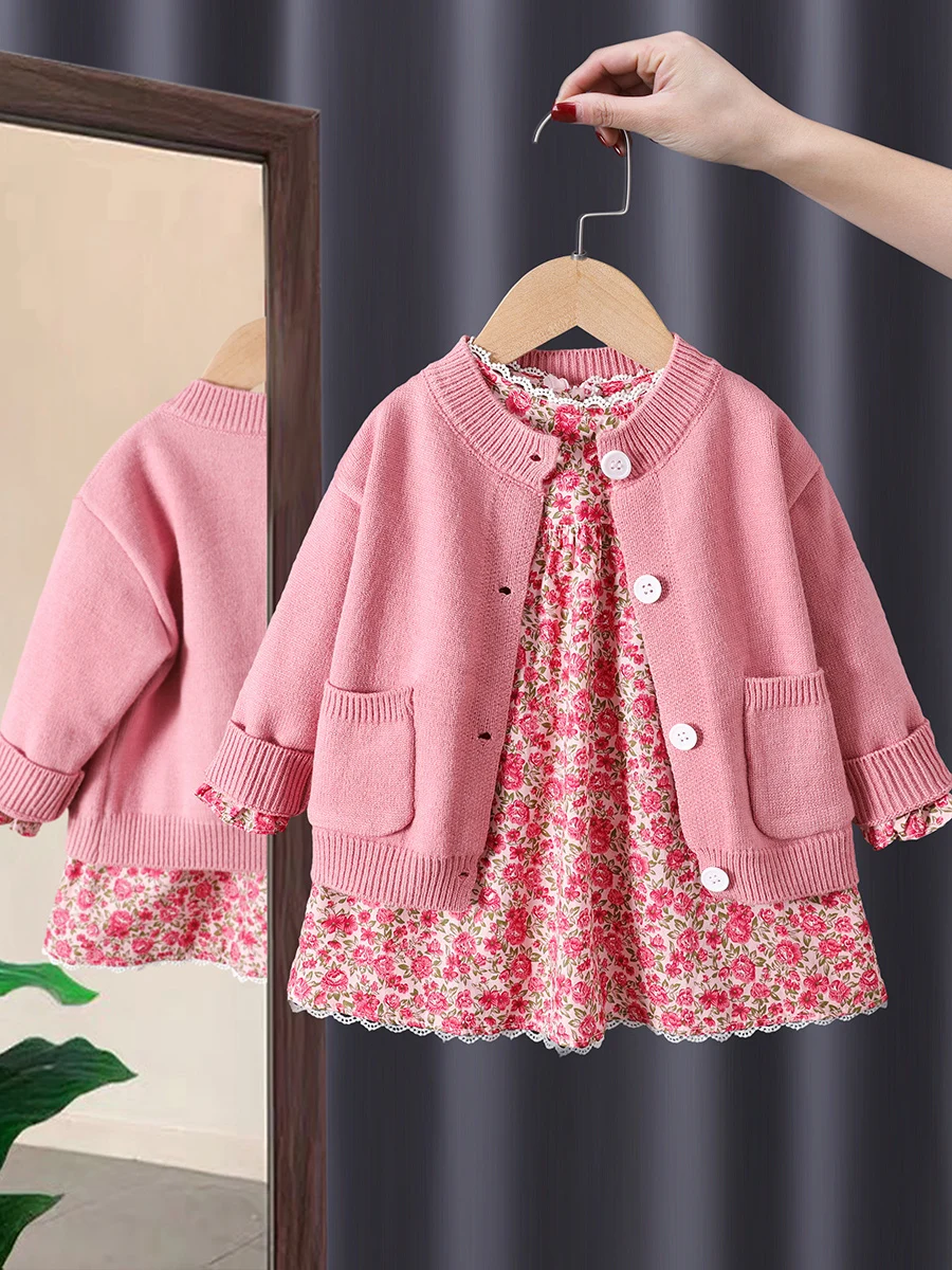 

Girls Sweet Princess Suits Knitting Sweater Cardigan Broken Flower Dress+Coats 2pcs Sets Autumn Outfit Children Kids