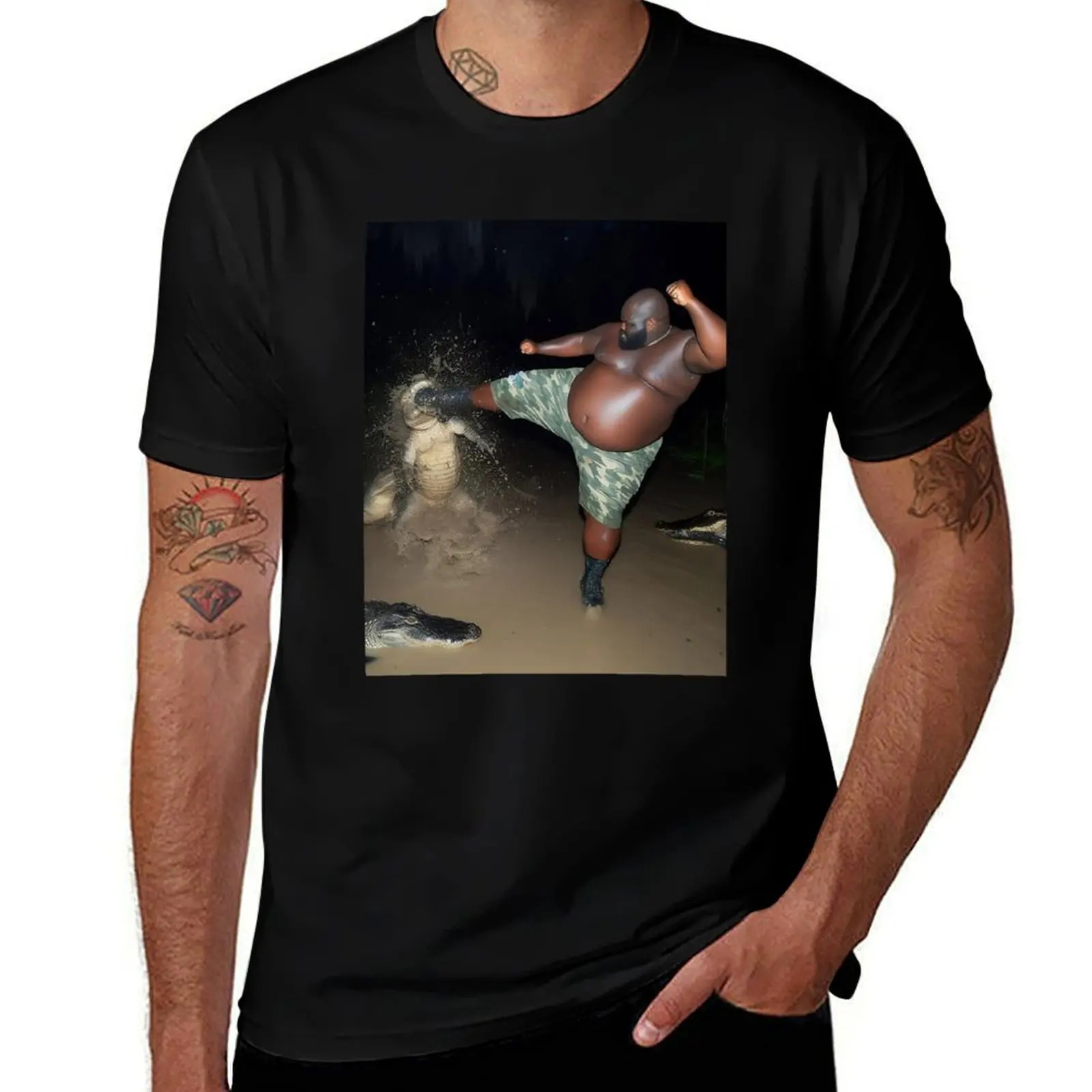 

Fat Black Man Kicking Alligator Kick Gumbo Slice Meme T-Shirt summer 2025 funny shirt cotton plus size tops tee shirts for men