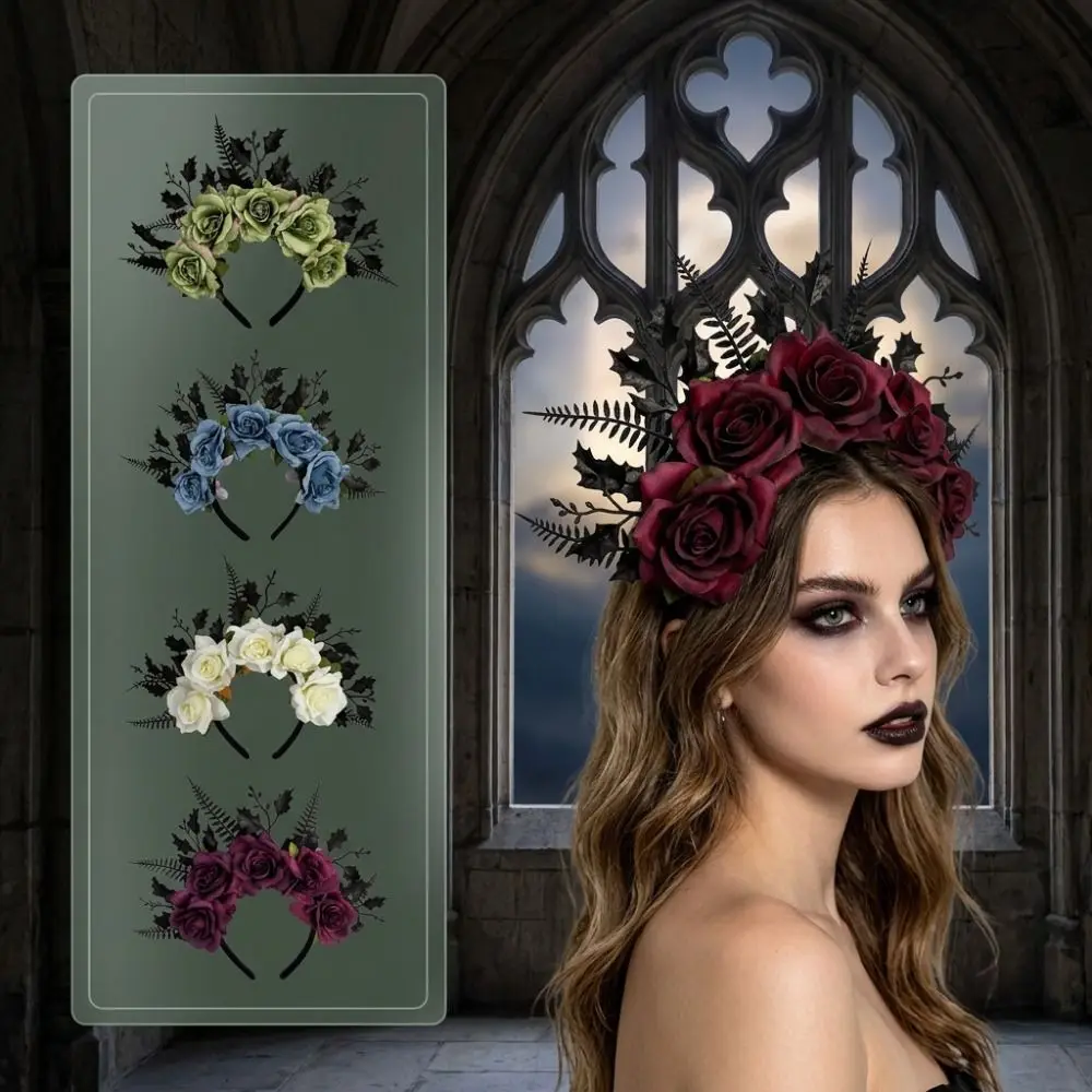 Elegant Style Halloween Rose Headband Vintage Simulated Artificial Flower Headband Leaf Flower Crown Hair Hoop Role Play Event