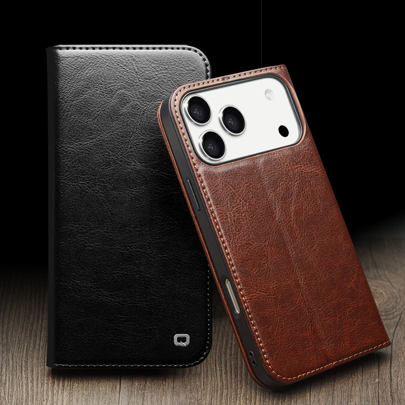 

QIALINO Premium Genuine Leather Phone Case for iPhone 17 16 15 14 13 12 11 Pro Max Mini Air Plus Natural Cowhide Wallet Cover