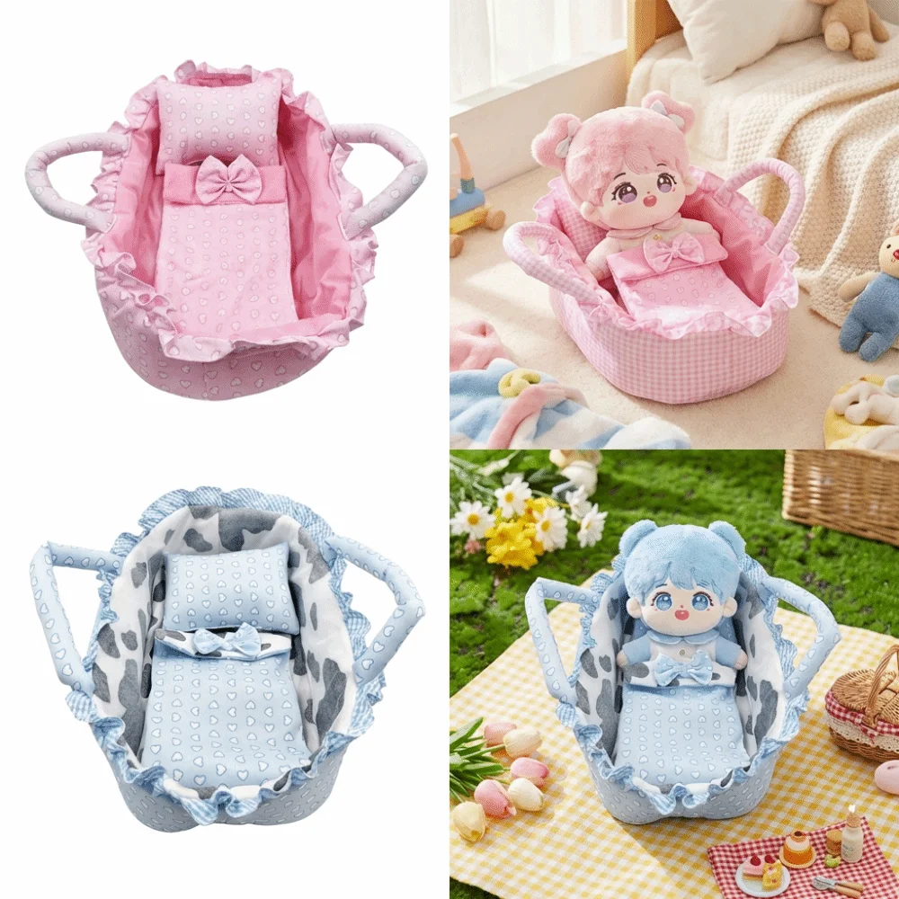 Hand-pull Design Doll Basket Pink Gingham Ruffled Design Dollhouse Accessories Soft Washable Material Pretend Play Toys