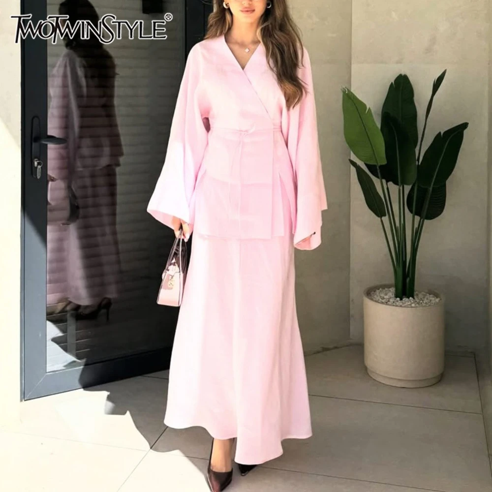 

TWOTWINSTYLE Office Loose Two Piece Set for Women V Neck Flare Sleeve Spliced Lace Up Top High Waist Long Skirt Suit Female New
