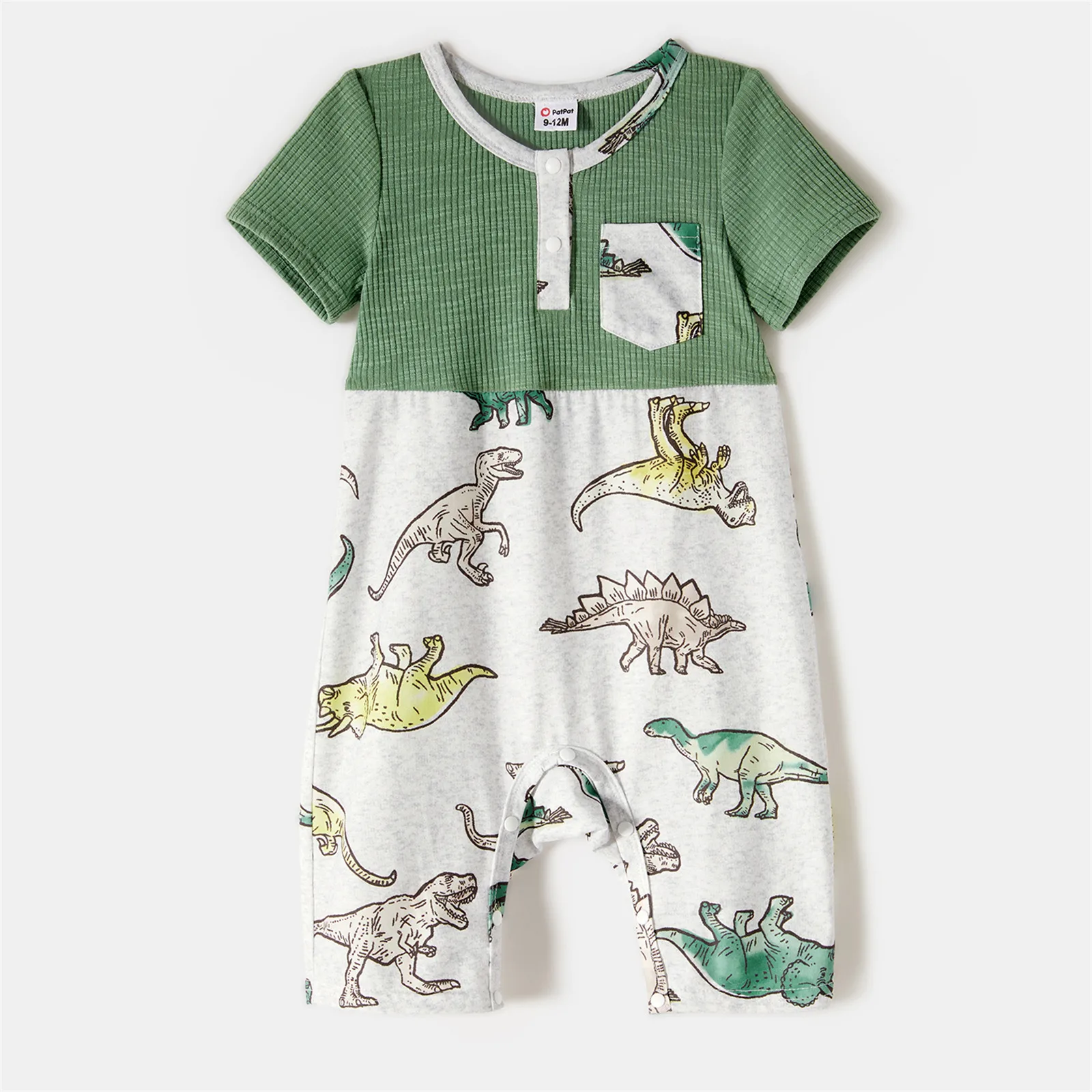 PatPat Family Matching Green Rib Knit Spliced Allover Dinosaur Print Dresses and Short-sleeve T-shirts Sets