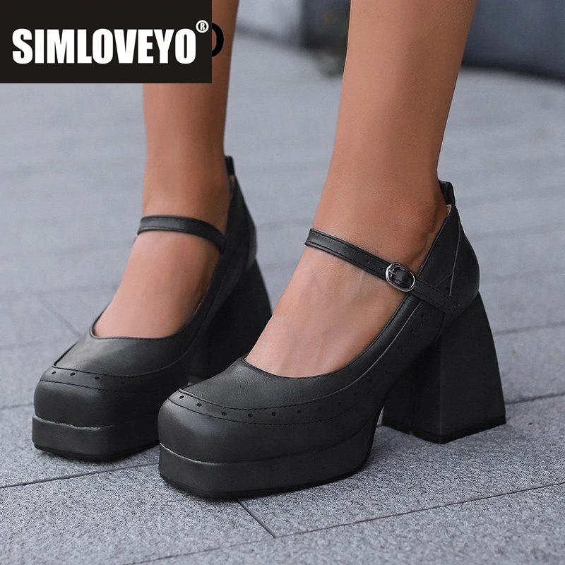 

SIMLOVEYO Модные женские туфли-лодочки с квадратным носком на блочном каблуке 9,5 см, платформа 2 см, повседневная женская обувь в стиле ретро с пряжкой, большие размеры 46 47 48